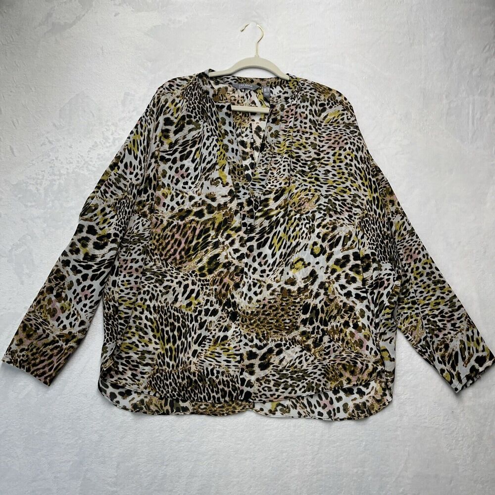 Lisa Rinna Collection Animal Print Blouse Womens Sz Mediumโ Sheer Artsy Vneck0